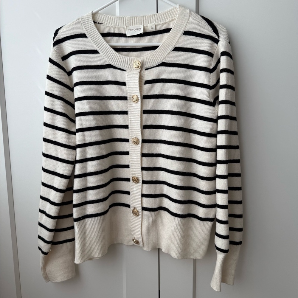 Timeless Black and Off White Striped Knit Cardigan